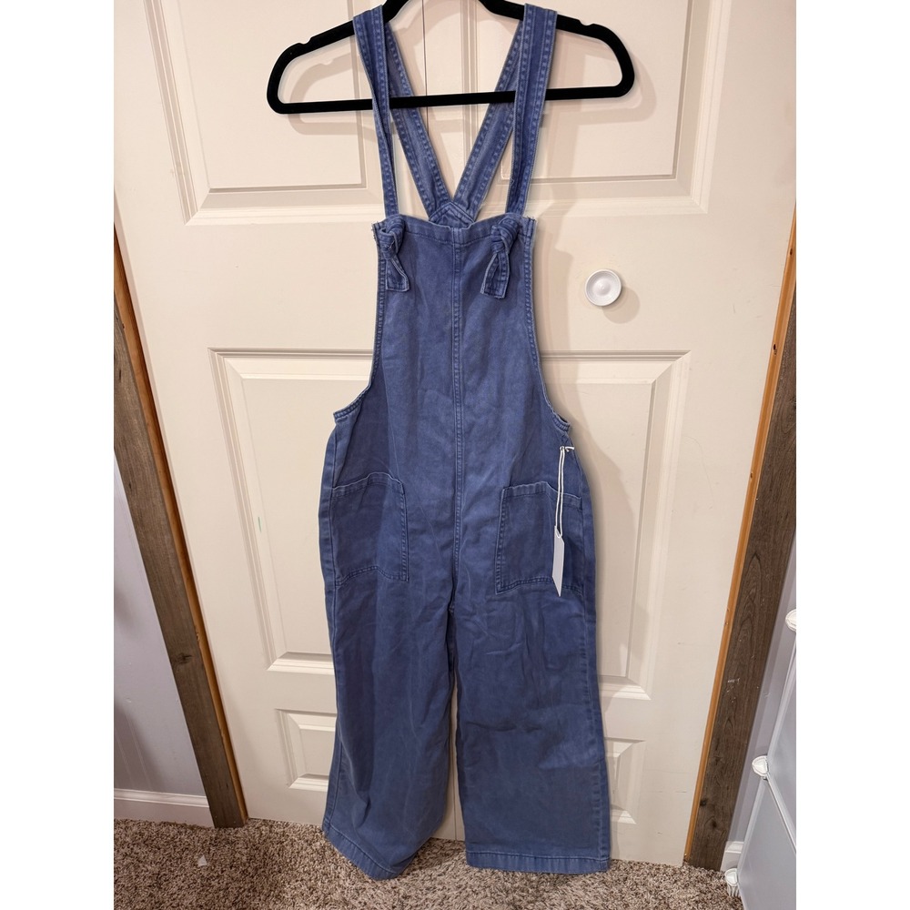 Zenana Women Blue Mineral Wash Wide Leg Denim Overalls Small NWT